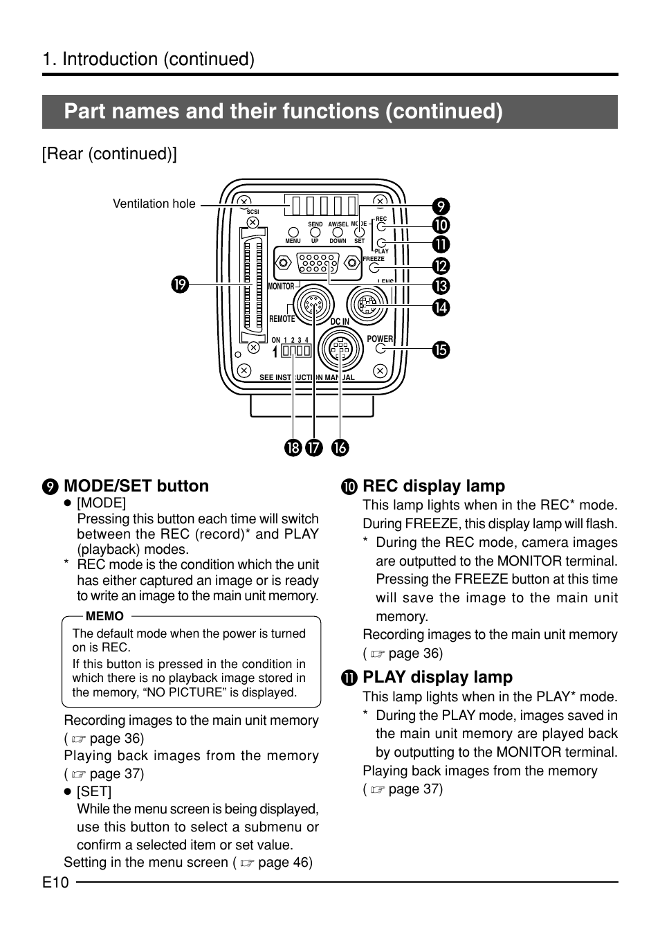 Part names and their functions (continued), Introduction (continued), Mode/set button | Rear (continued), Μ rec display lamp, Play display lamp | JVC KY-F70B User Manual | Page 14 / 221