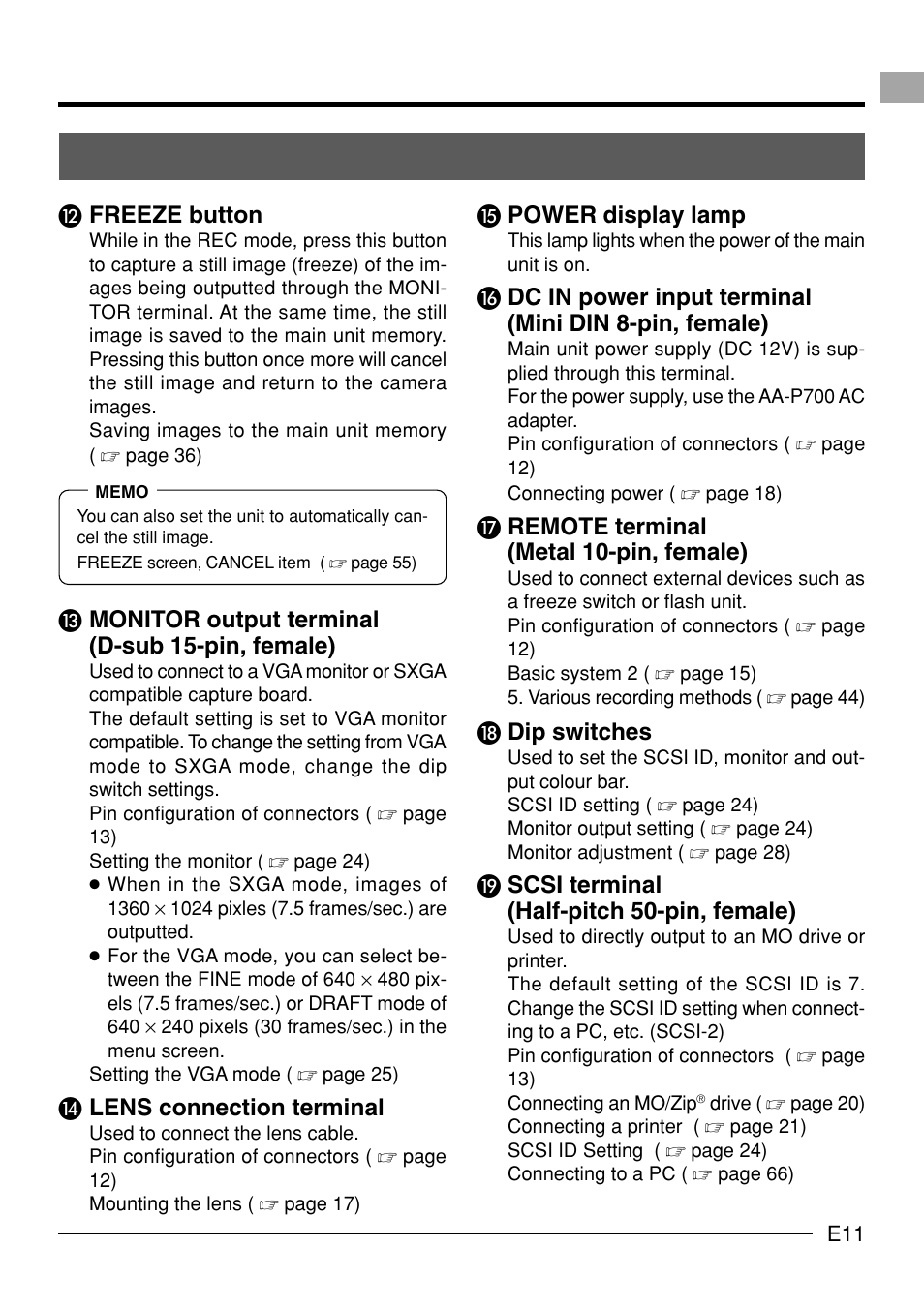 Freeze button, Ƹ monitor output terminal (d-sub 15-pin, female), Ƹ lens connection terminal | ƺ power display lamp, Ƽ remote terminal (metal 10-pin, female), Ƽ dip switches, ƾ scsi terminal (half-pitch 50-pin, female) | JVC KY-F70B User Manual | Page 15 / 221