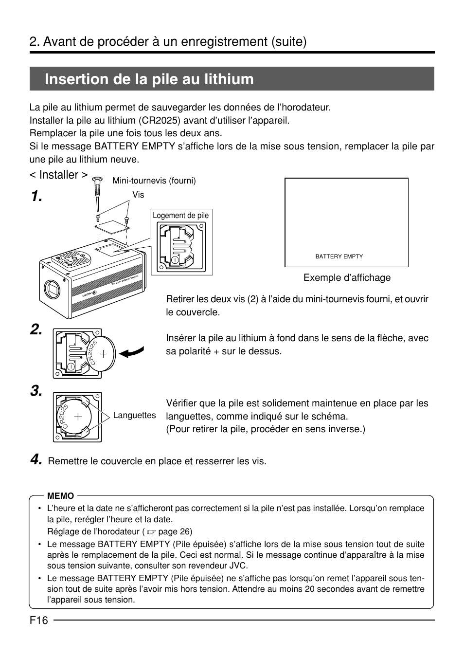 Insertion de la pile au lithium, Avant de procéder à un enregistrement (suite), Installer | Exemple d’affichage | JVC KY-F70B User Manual | Page 164 / 221