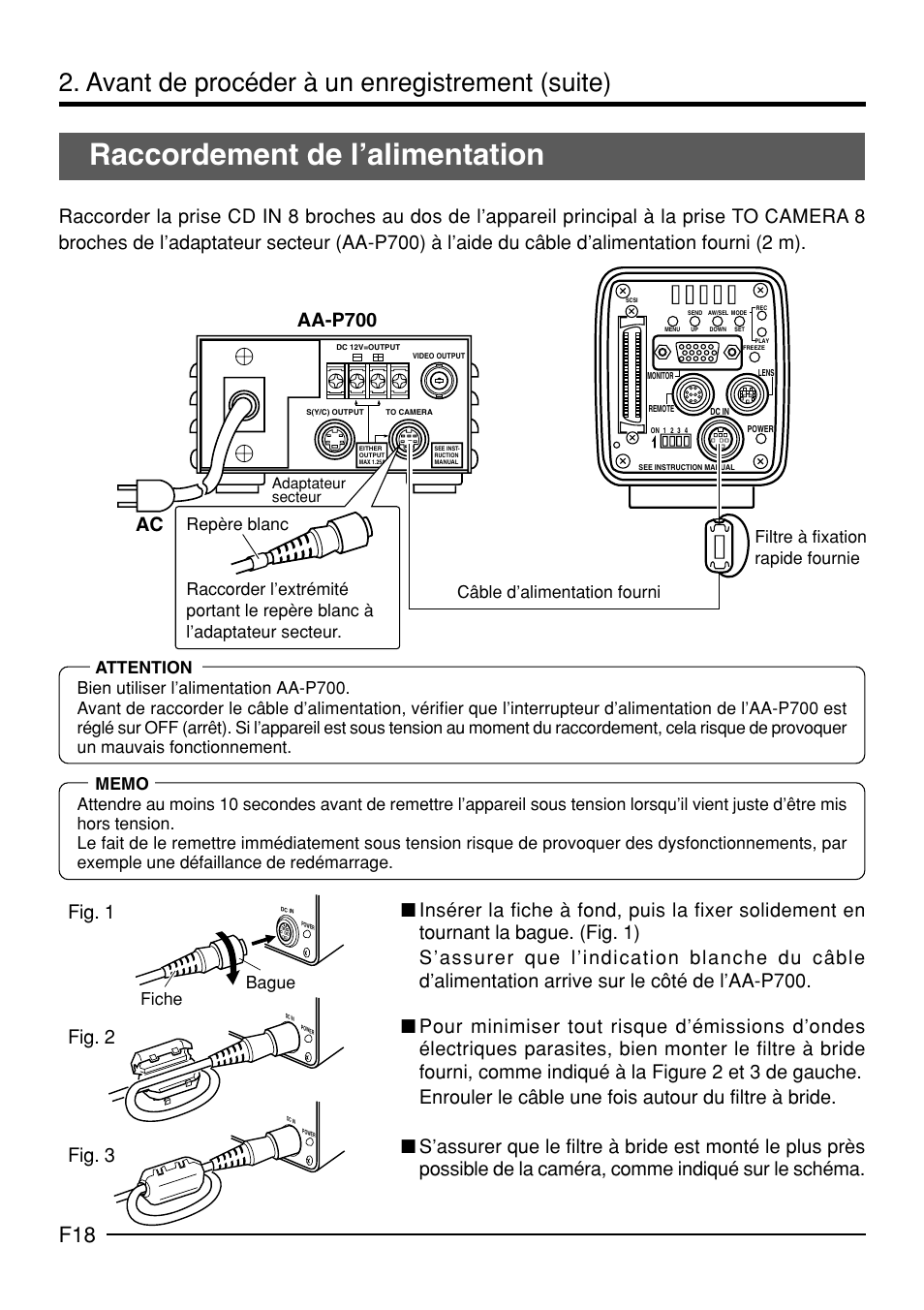 Raccordement de l’alimentation, Avant de procéder à un enregistrement (suite), Aa-p700 ac | Fig. 1 fig. 2 fig. 3 | JVC KY-F70B User Manual | Page 166 / 221