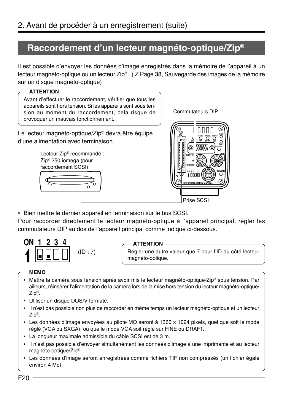 Raccordement d’un lecteur magnéto-optique/zip, On 1 2 3 4, Avant de procéder à un enregistrement (suite) | Id : 7) | JVC KY-F70B User Manual | Page 168 / 221