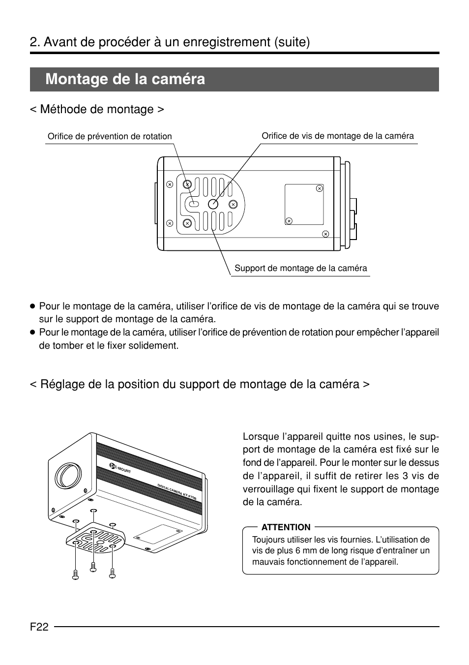 Montage de la caméra, Avant de procéder à un enregistrement (suite) | JVC KY-F70B User Manual | Page 170 / 221