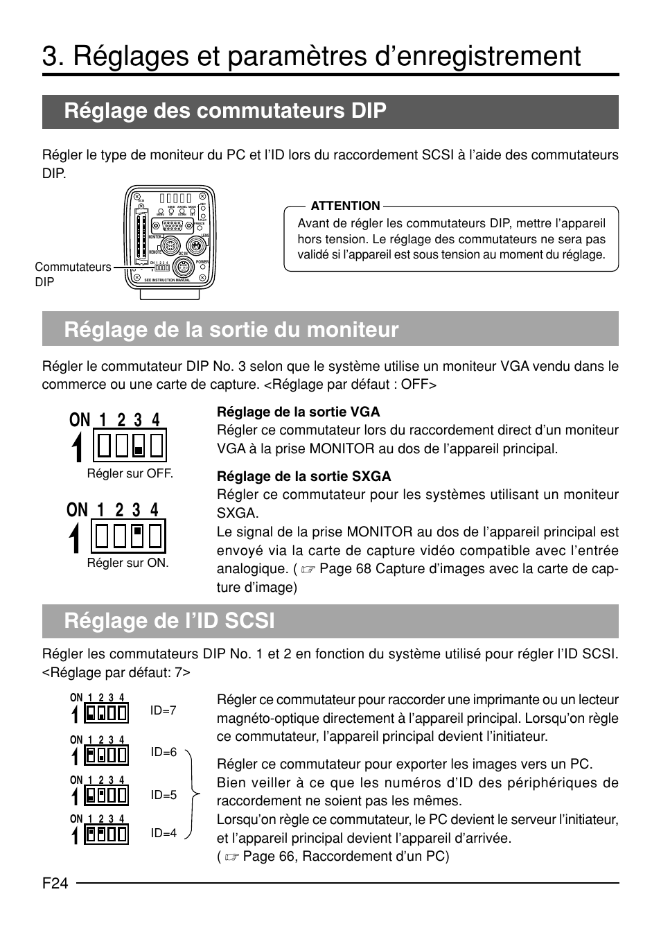 Réglages et paramètres d’enregistrement, Réglage des commutateurs dip, Réglage de la sortie du moniteur | Réglage de l’id scsi, On 1 2 3 4 | JVC KY-F70B User Manual | Page 172 / 221