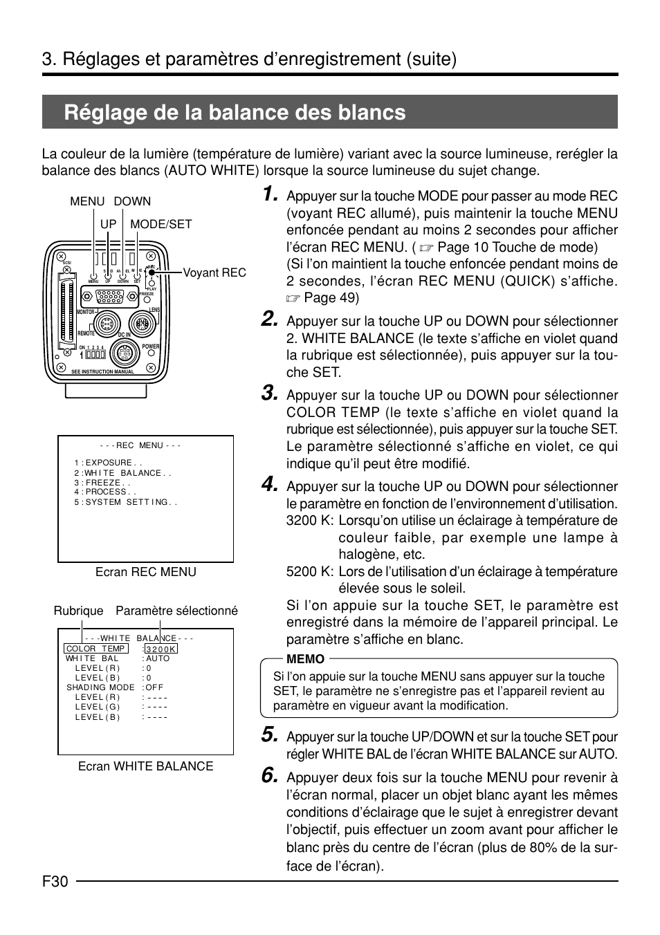 Réglage de la balance des blancs, Réglages et paramètres d’enregistrement (suite) | JVC KY-F70B User Manual | Page 178 / 221