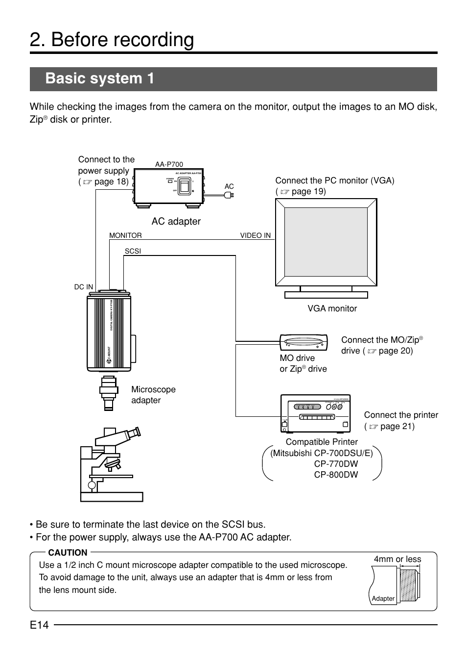 Before recording, Basic system 1, Ac adapter | Connect to the power supply ( ੬ page 18), Drive ( ੬ page 20) mo drive or zip | JVC KY-F70B User Manual | Page 18 / 221