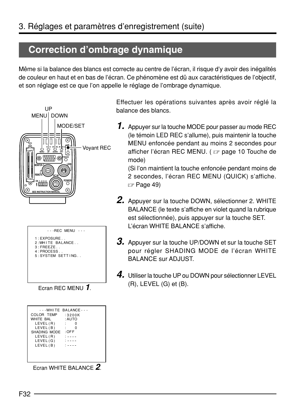 Correction d’ombrage dynamique, Réglages et paramètres d’enregistrement (suite) | JVC KY-F70B User Manual | Page 180 / 221