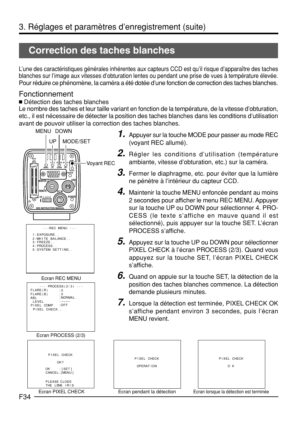 Correction des taches blanches, Réglages et paramètres d’enregistrement (suite), Fonctionnement | Up down mode/set menu, Voyant rec | JVC KY-F70B User Manual | Page 182 / 221