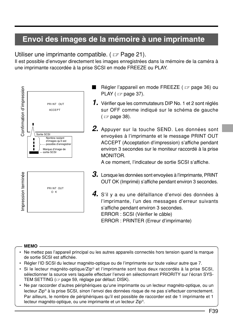 Envoi des images de la mémoire à une imprimante, Utiliser une imprimante compatible. ( ੬ page 21) | JVC KY-F70B User Manual | Page 187 / 221