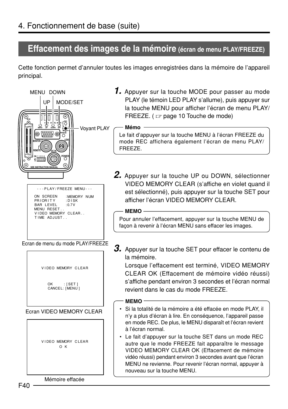 Effacement des images de la mémoire, Fonctionnement de base (suite), Écran de menu play/freeze) | Up down mode/set menu, Mémoire effacée | JVC KY-F70B User Manual | Page 188 / 221
