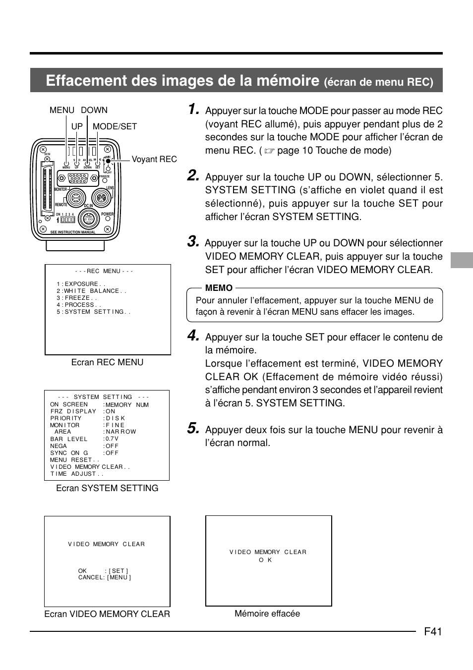 Effacement des images de la mémoire, Écran de menu rec), Mémoire effacée | Up down mode/set menu | JVC KY-F70B User Manual | Page 189 / 221