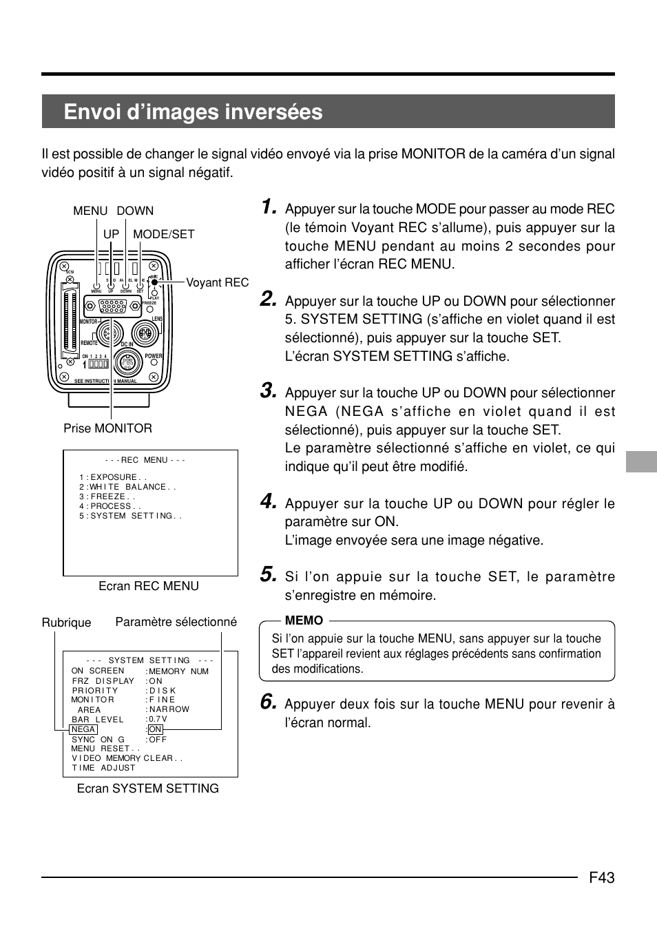 Envoi d’images inversées, Up down mode/set menu prise monitor voyant rec | JVC KY-F70B User Manual | Page 191 / 221
