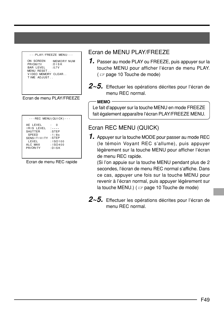 Ecran de menu play/freeze, Ecran rec menu (quick) | JVC KY-F70B User Manual | Page 197 / 221