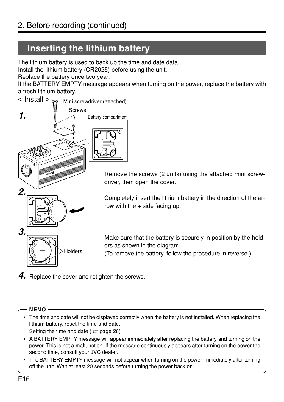 Inserting the lithium battery, Before recording (continued), Install | Replace the cover and retighten the screws | JVC KY-F70B User Manual | Page 20 / 221