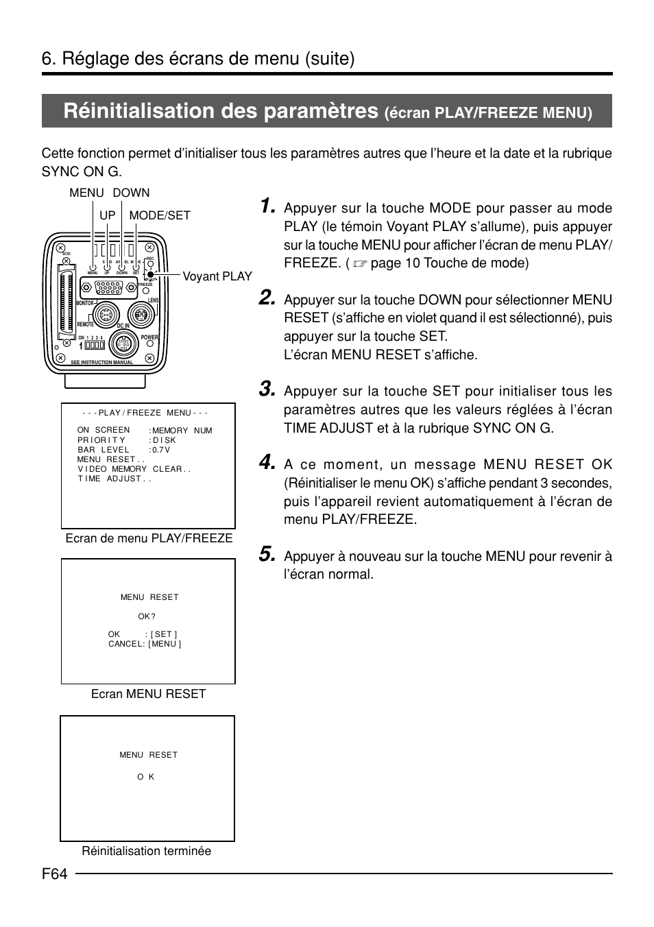 Réinitialisation des paramètres, Réglage des écrans de menu (suite), Écran play/freeze menu) | JVC KY-F70B User Manual | Page 212 / 221