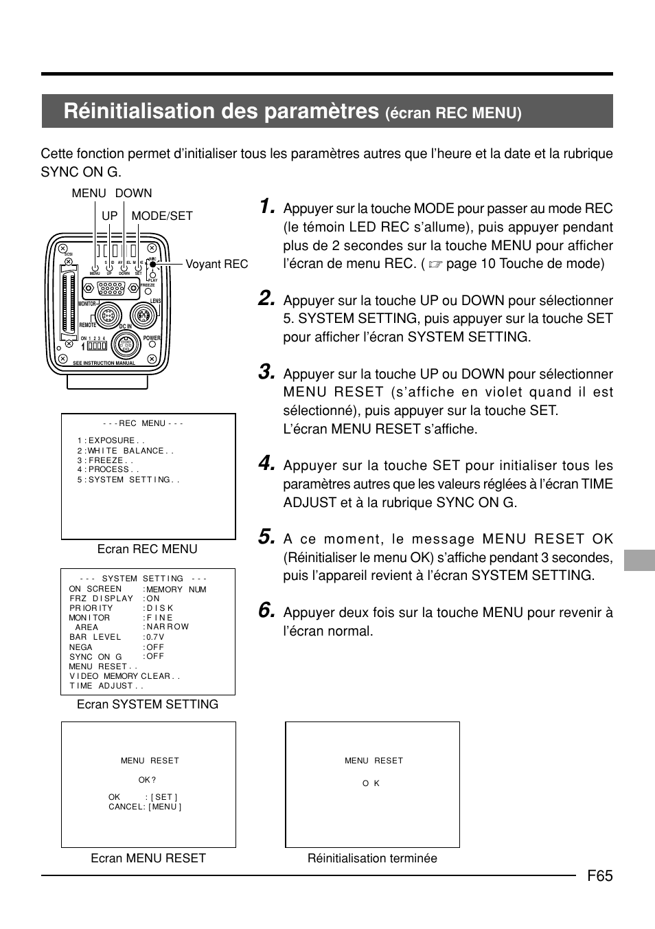 Réinitialisation des paramètres, Écran rec menu), Réinitialisation terminée | Up down mode/set menu | JVC KY-F70B User Manual | Page 213 / 221