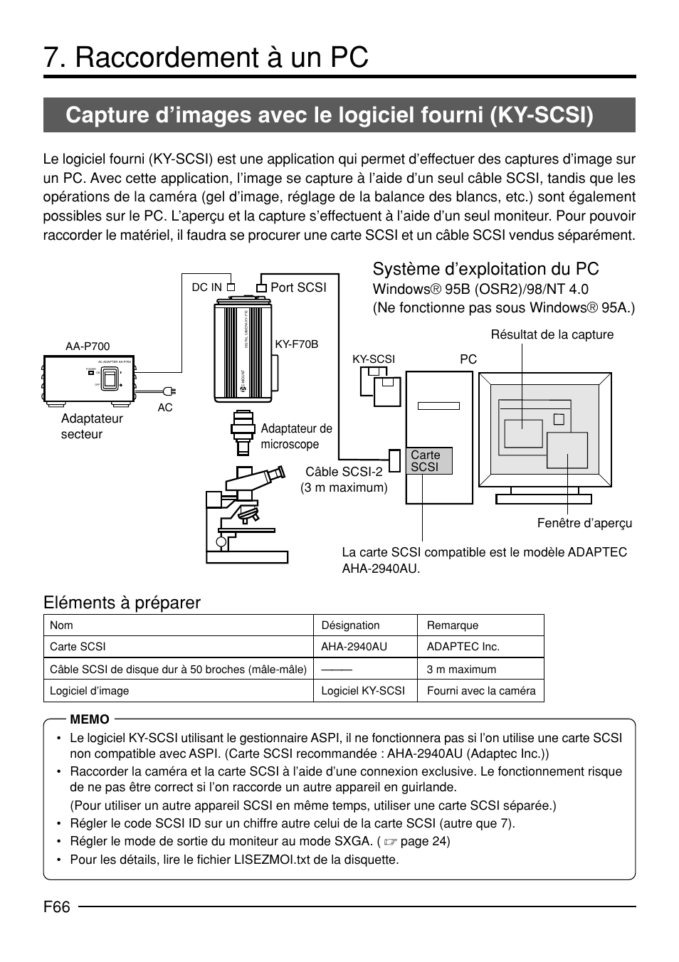 Raccordement à un pc, Capture d’images avec le logiciel fourni (ky-scsi), Système d’exploitation du pc | Eléments à préparer | JVC KY-F70B User Manual | Page 214 / 221