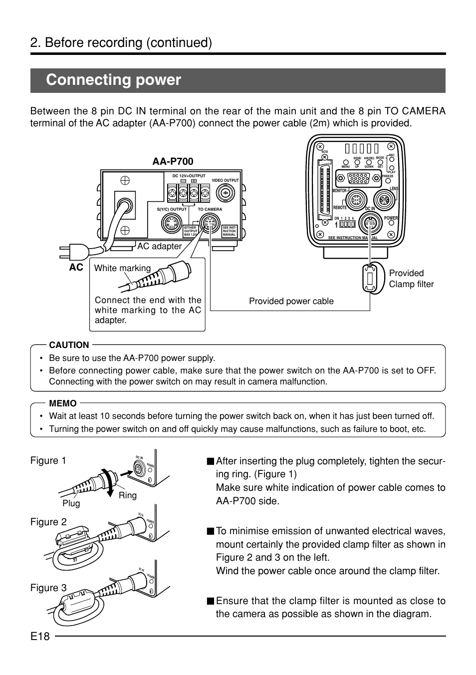 Connecting power, Before recording (continued), Aa-p700 ac | Figure 1 figure 2 figure 3 | JVC KY-F70B User Manual | Page 22 / 221