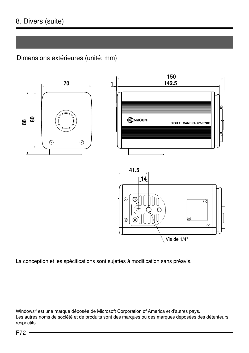 Divers (suite), Dimensions extérieures (unité: mm) | JVC KY-F70B User Manual | Page 220 / 221