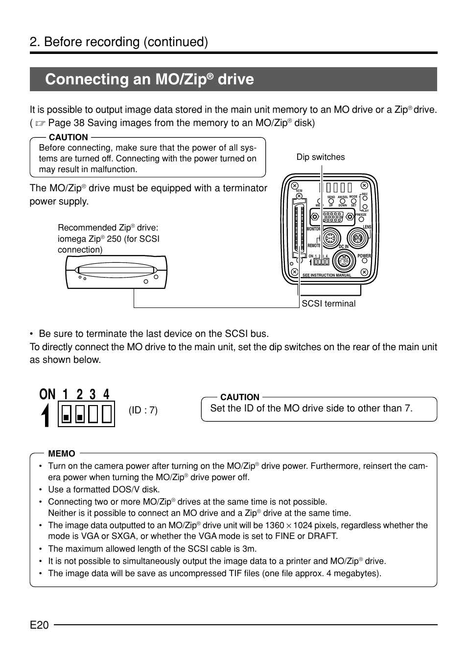 Connecting an mo/zip, Drive, On 1 2 3 4 | Before recording (continued), Disk) the mo/zip | JVC KY-F70B User Manual | Page 24 / 221