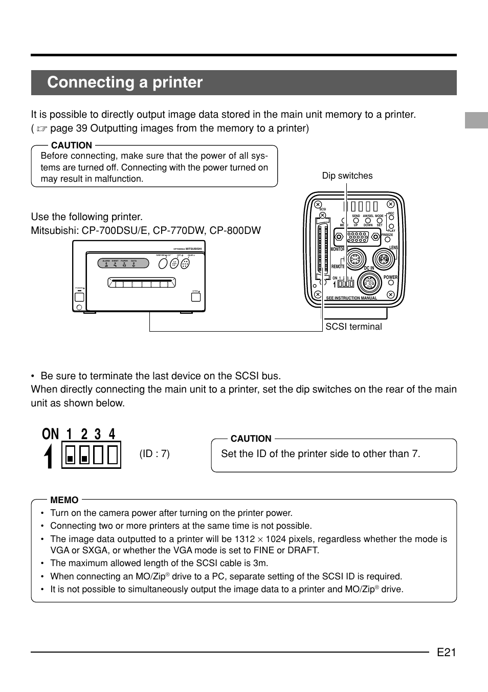 Connecting a printer, On 1 2 3 4, Drive | Dip switches scsi terminal caution | JVC KY-F70B User Manual | Page 25 / 221
