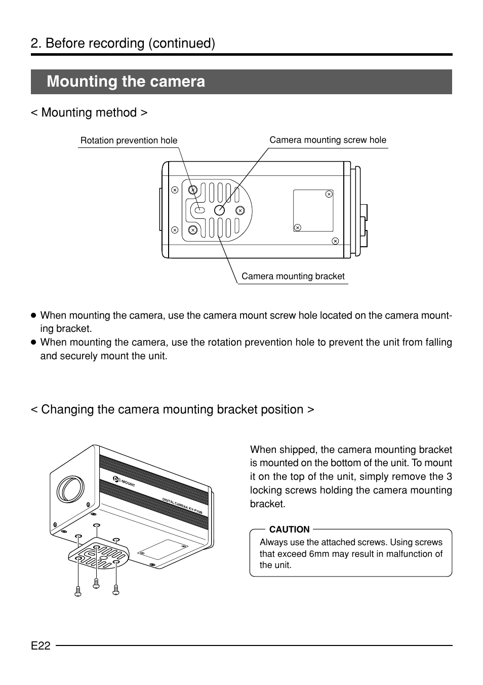 Mounting the camera, Before recording (continued) | JVC KY-F70B User Manual | Page 26 / 221