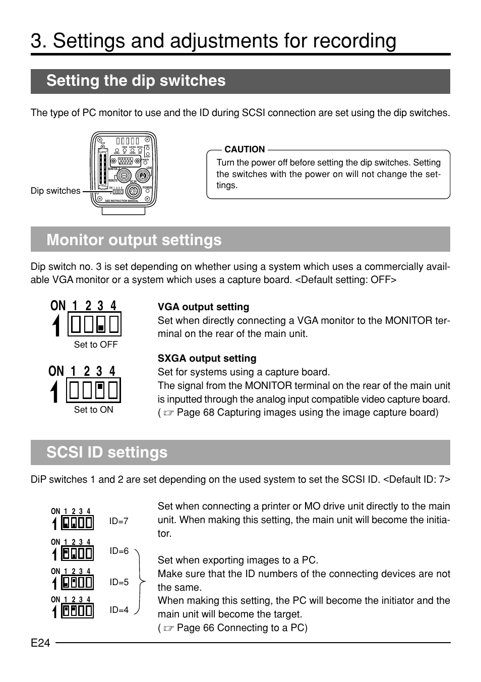 Settings and adjustments for recording, Setting the dip switches, Monitor output settings | Scsi id settings, On 1 2 3 4 | JVC KY-F70B User Manual | Page 28 / 221