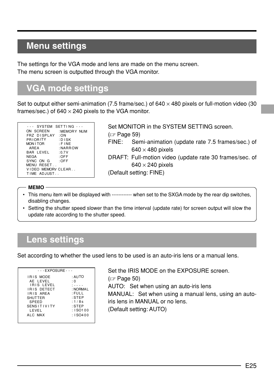 Vga mode settings lens settings, Menu settings | JVC KY-F70B User Manual | Page 29 / 221