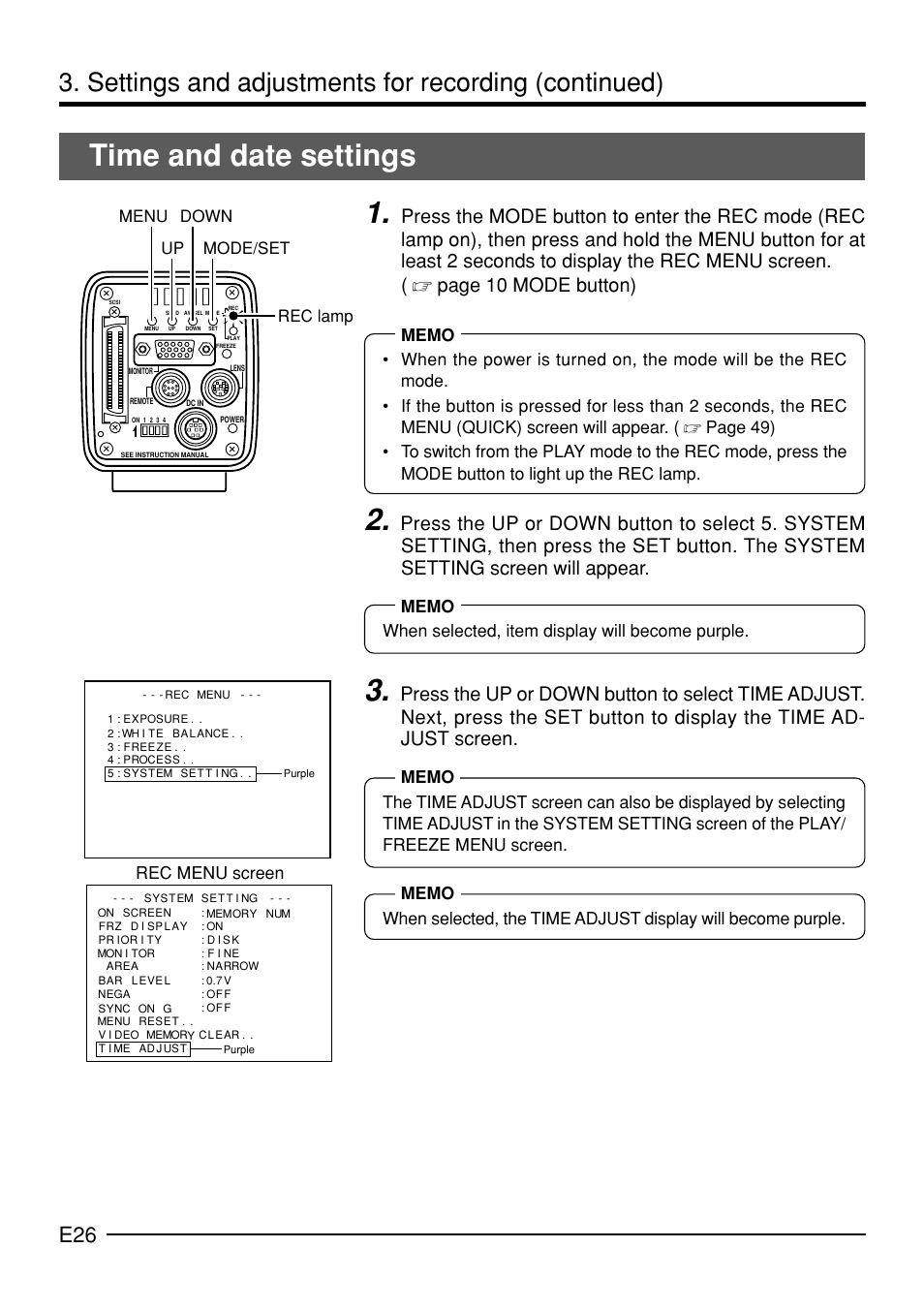 Time and date settings, Settings and adjustments for recording (continued), Up down mode/set rec lamp menu rec menu screen | JVC KY-F70B User Manual | Page 30 / 221