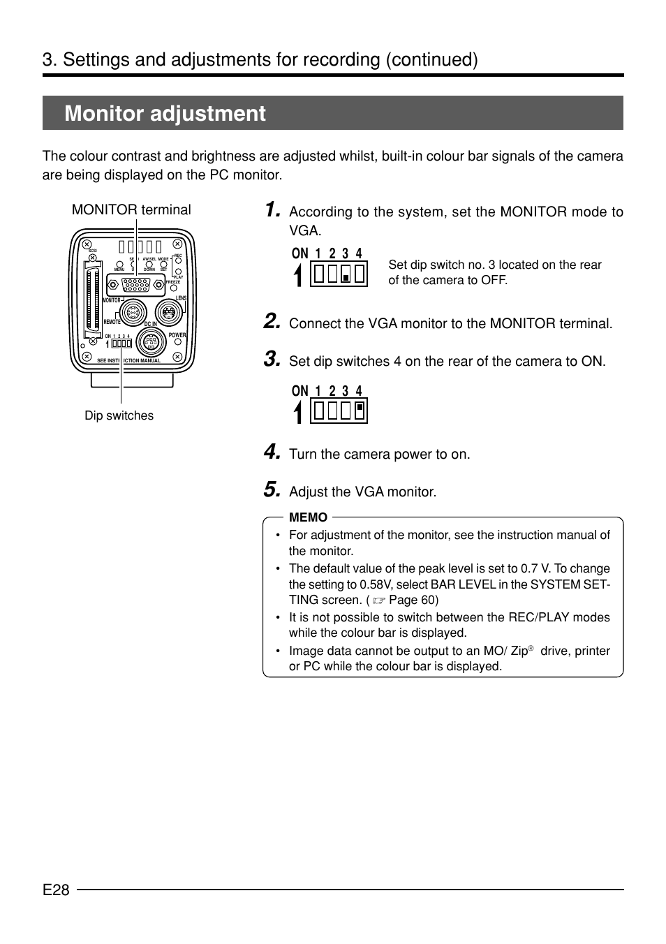 Monitor adjustment, Settings and adjustments for recording (continued), On 1 2 3 4 | Connect the vga monitor to the monitor terminal, Set dip switches 4 on the rear of the camera to on, Turn the camera power to on, Adjust the vga monitor, Monitor terminal | JVC KY-F70B User Manual | Page 32 / 221