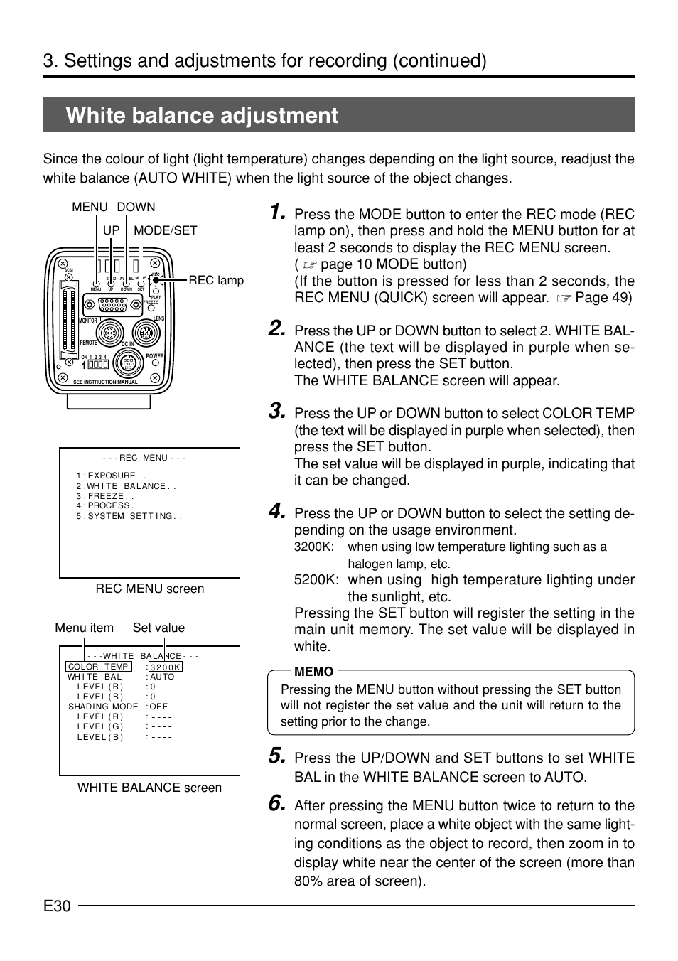 White balance adjustment, Settings and adjustments for recording (continued) | JVC KY-F70B User Manual | Page 34 / 221