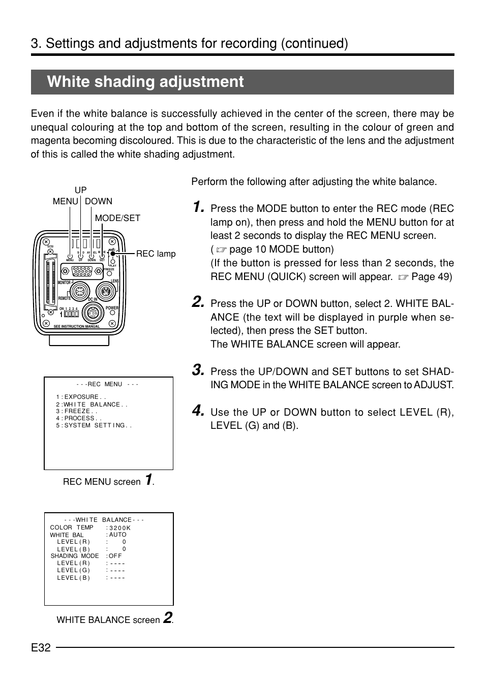 White shading adjustment, Settings and adjustments for recording (continued) | JVC KY-F70B User Manual | Page 36 / 221