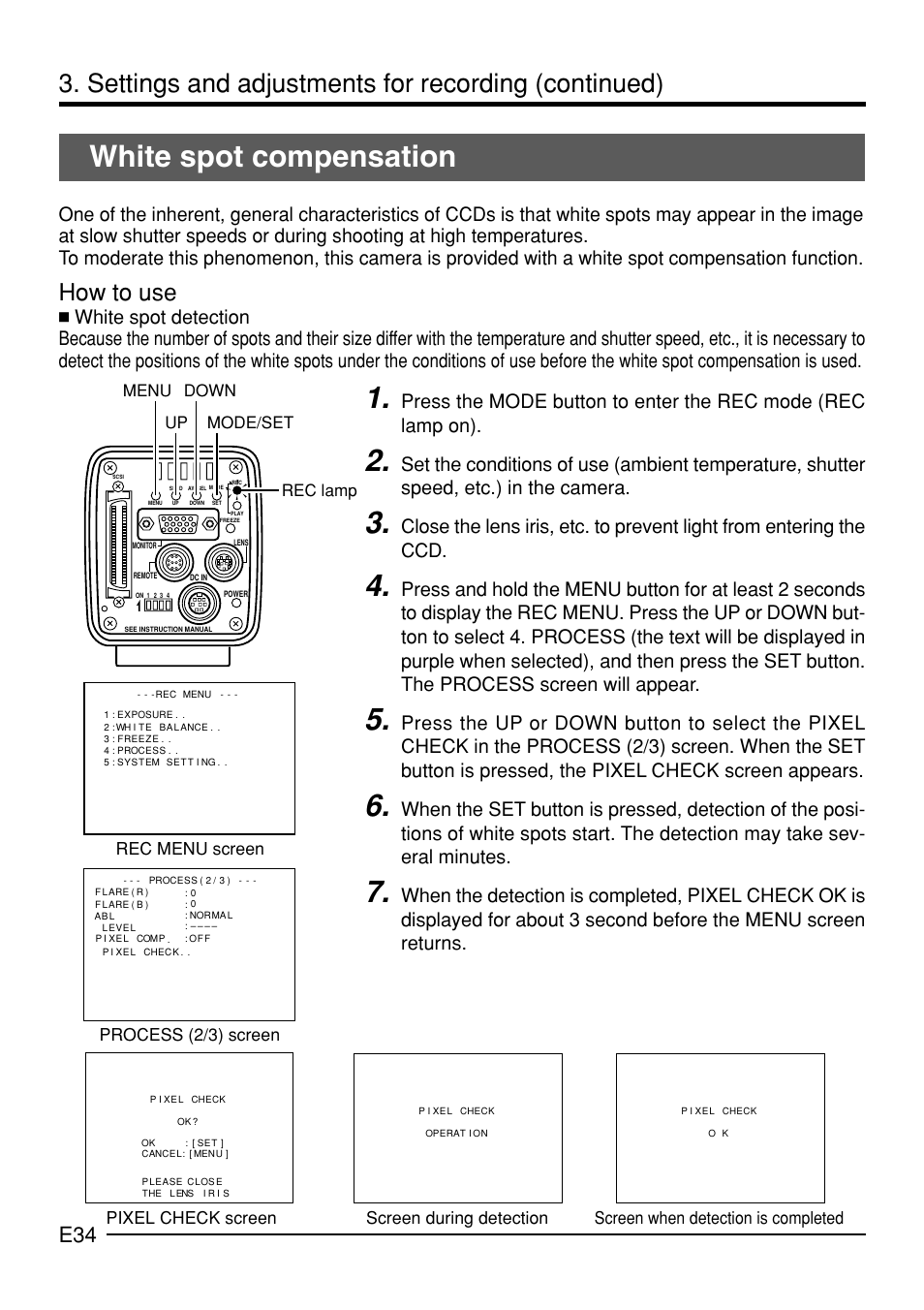 White spot compensation, Settings and adjustments for recording (continued), How to use | Up down mode/set rec lamp menu | JVC KY-F70B User Manual | Page 38 / 221