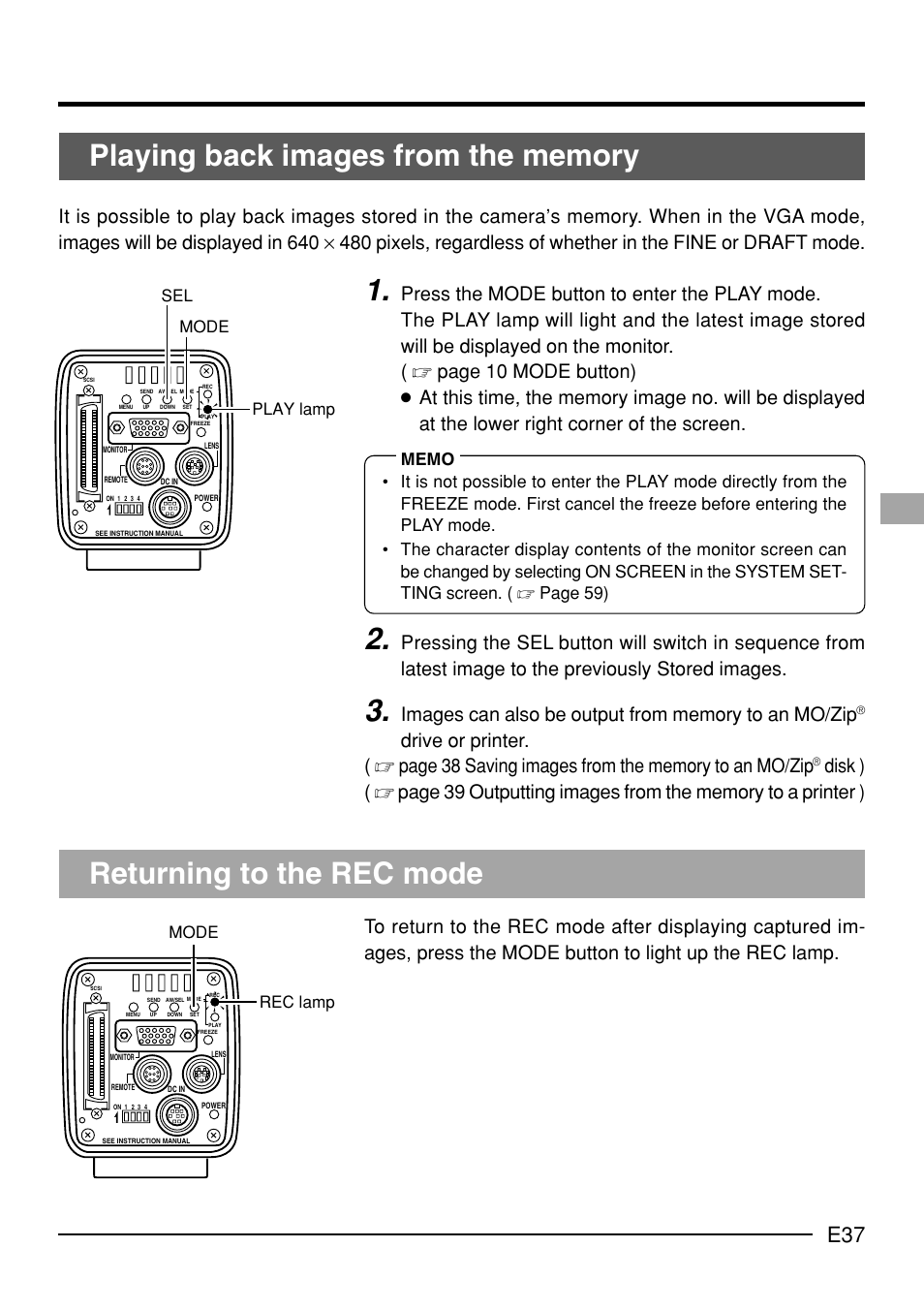 Returning to the rec mode, Mode rec lamp, Sel mode play lamp | JVC KY-F70B User Manual | Page 41 / 221