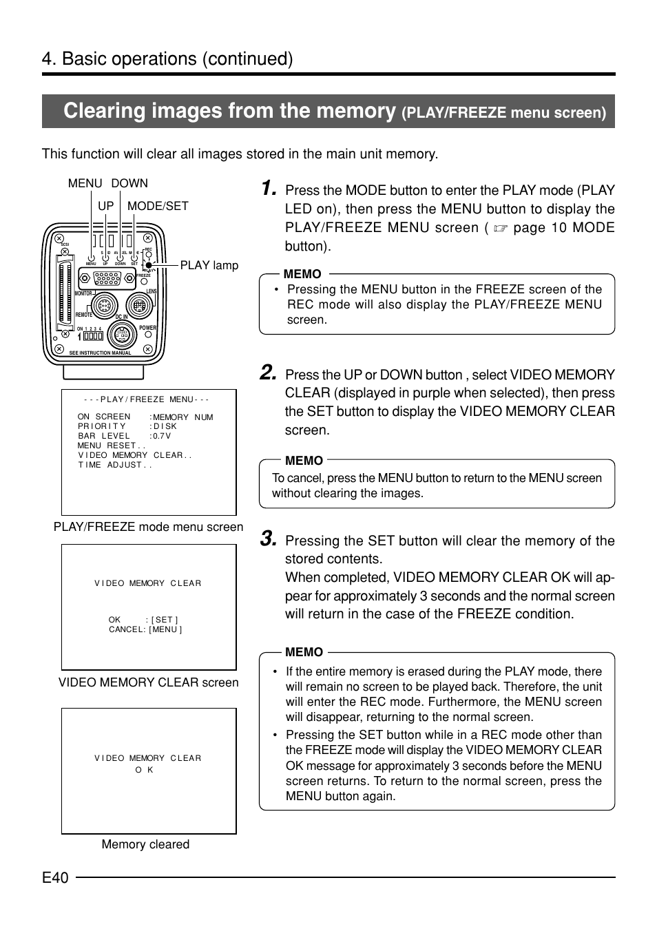 Basic operations (continued), Play/freeze menu screen), Up down mode/set play lamp menu | JVC KY-F70B User Manual | Page 44 / 221