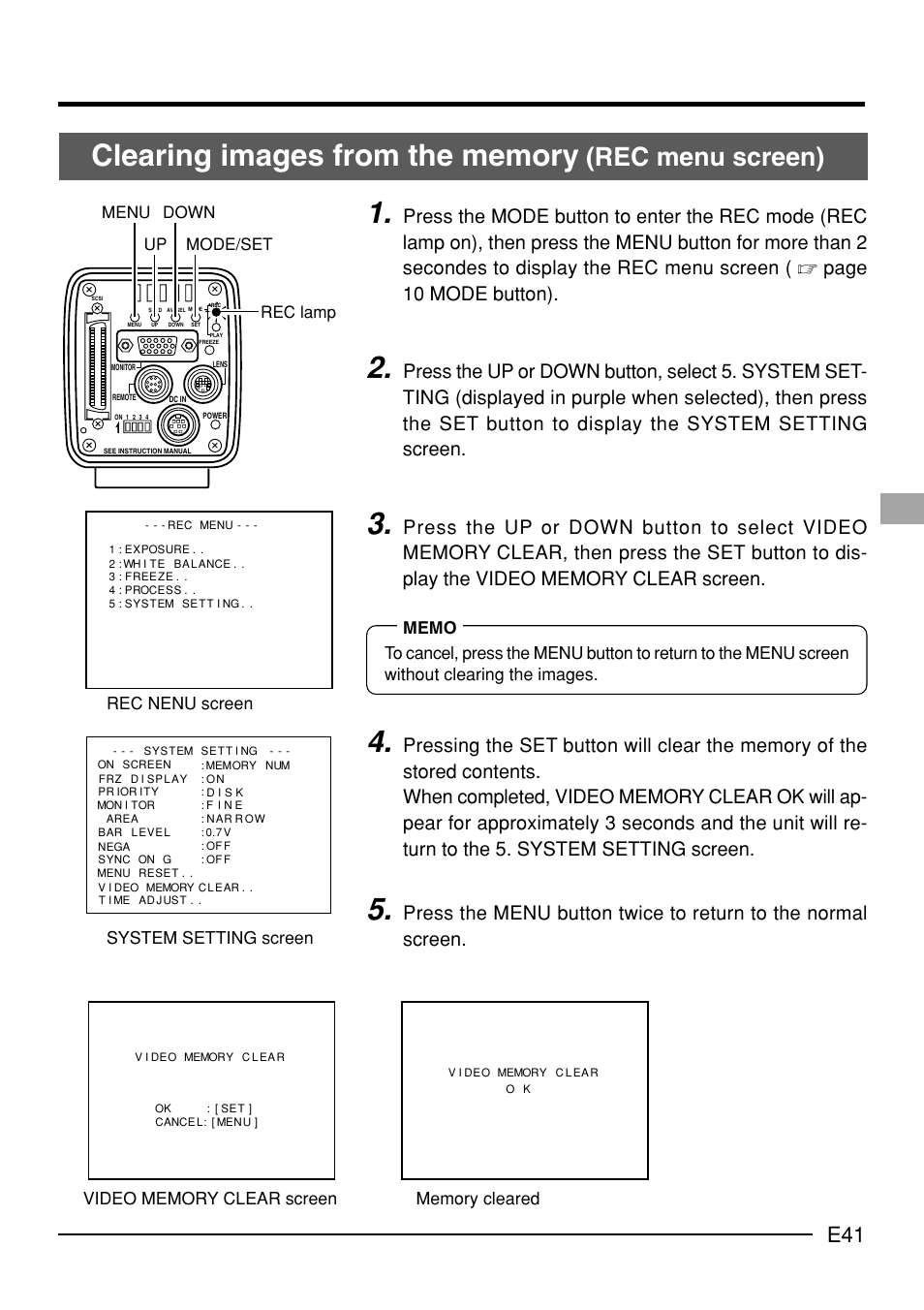 Rec menu screen), Up down mode/set rec lamp menu, System setting screen | JVC KY-F70B User Manual | Page 45 / 221