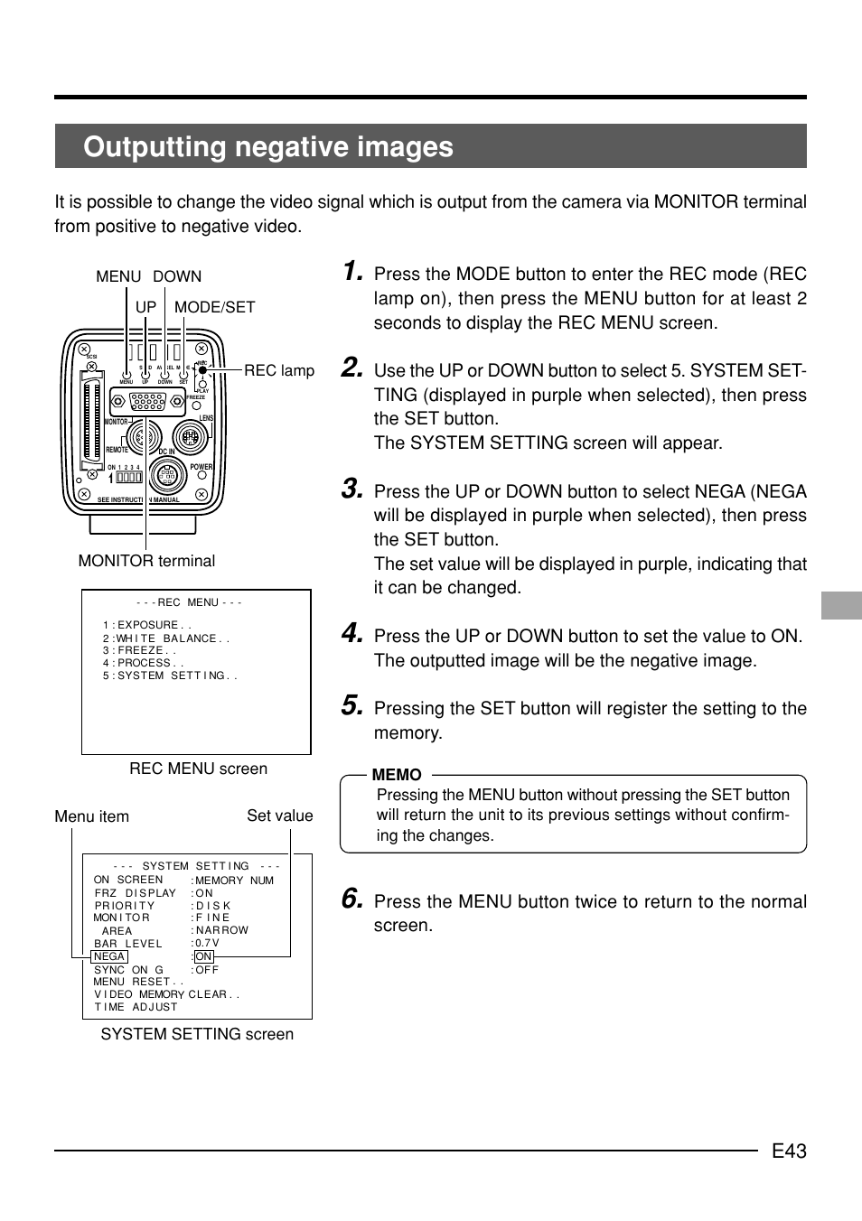 Outputting negative images, Up down mode/set rec lamp menu | JVC KY-F70B User Manual | Page 47 / 221