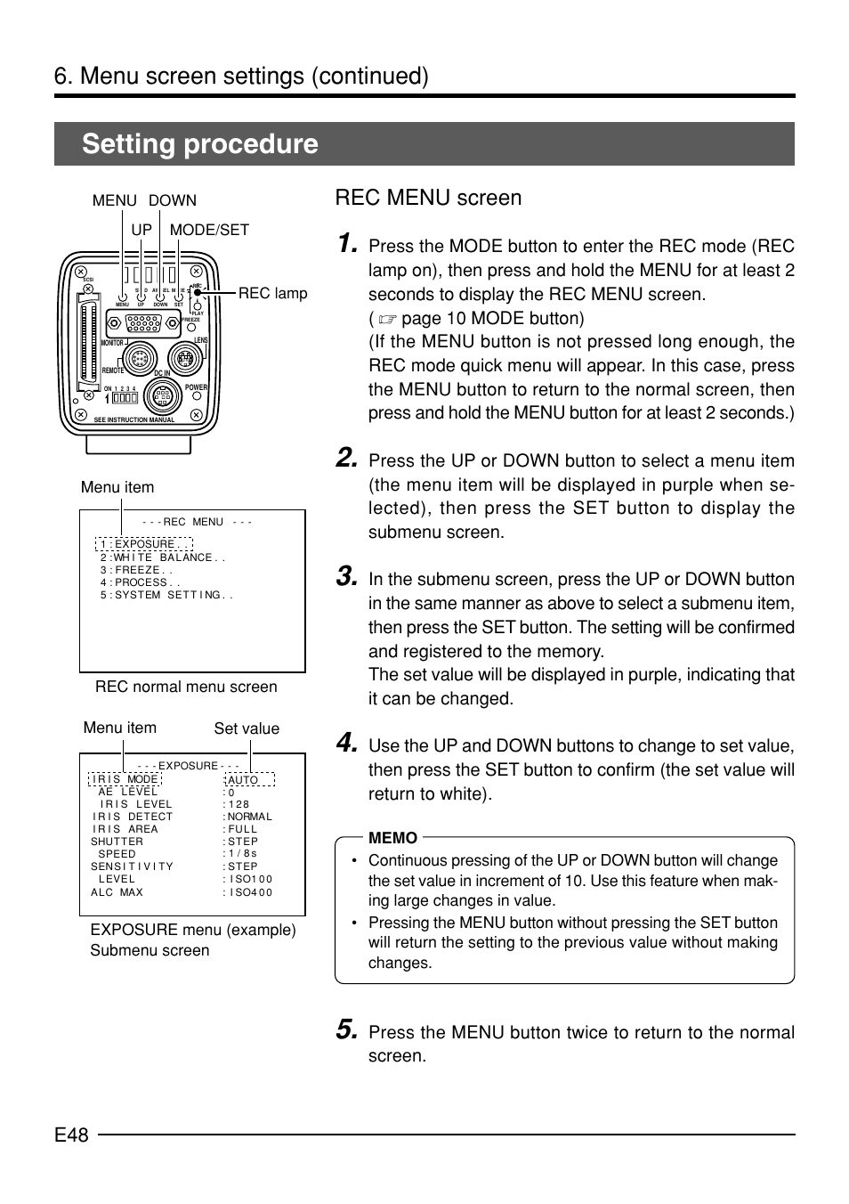 Setting procedure, Menu screen settings (continued), Rec menu screen | JVC KY-F70B User Manual | Page 52 / 221
