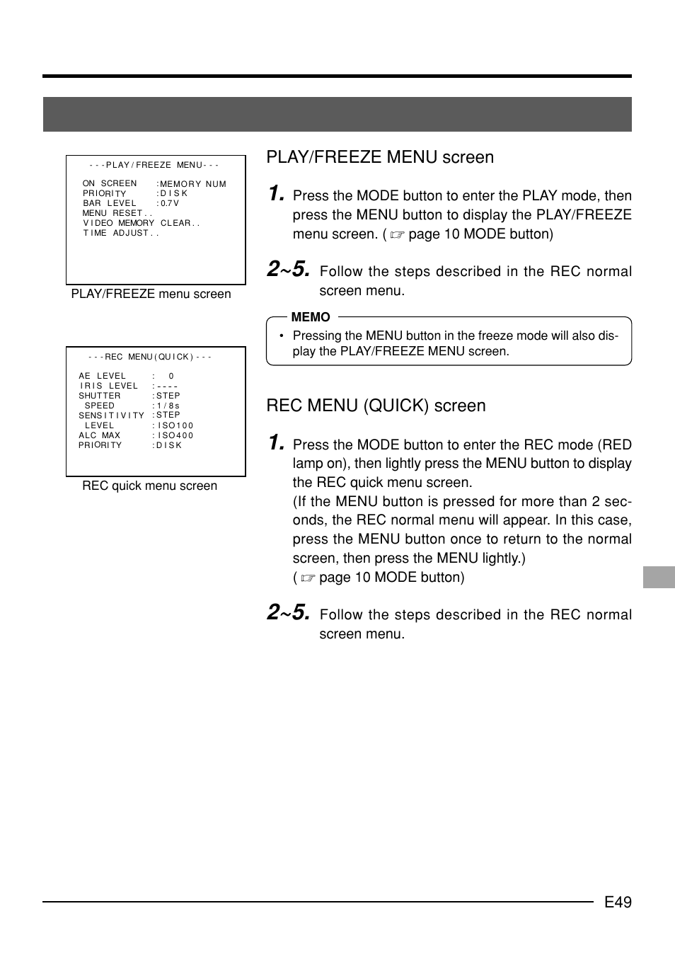 Play/freeze menu screen, Rec menu (quick) screen | JVC KY-F70B User Manual | Page 53 / 221
