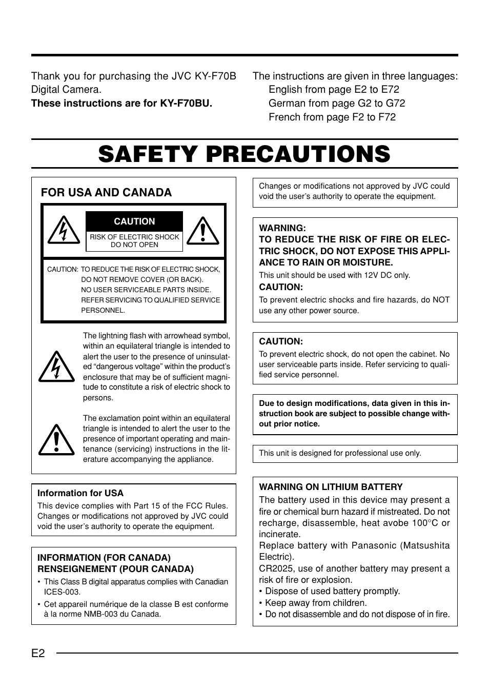 Safety precautions, For usa and canada | JVC KY-F70B User Manual | Page 6 / 221