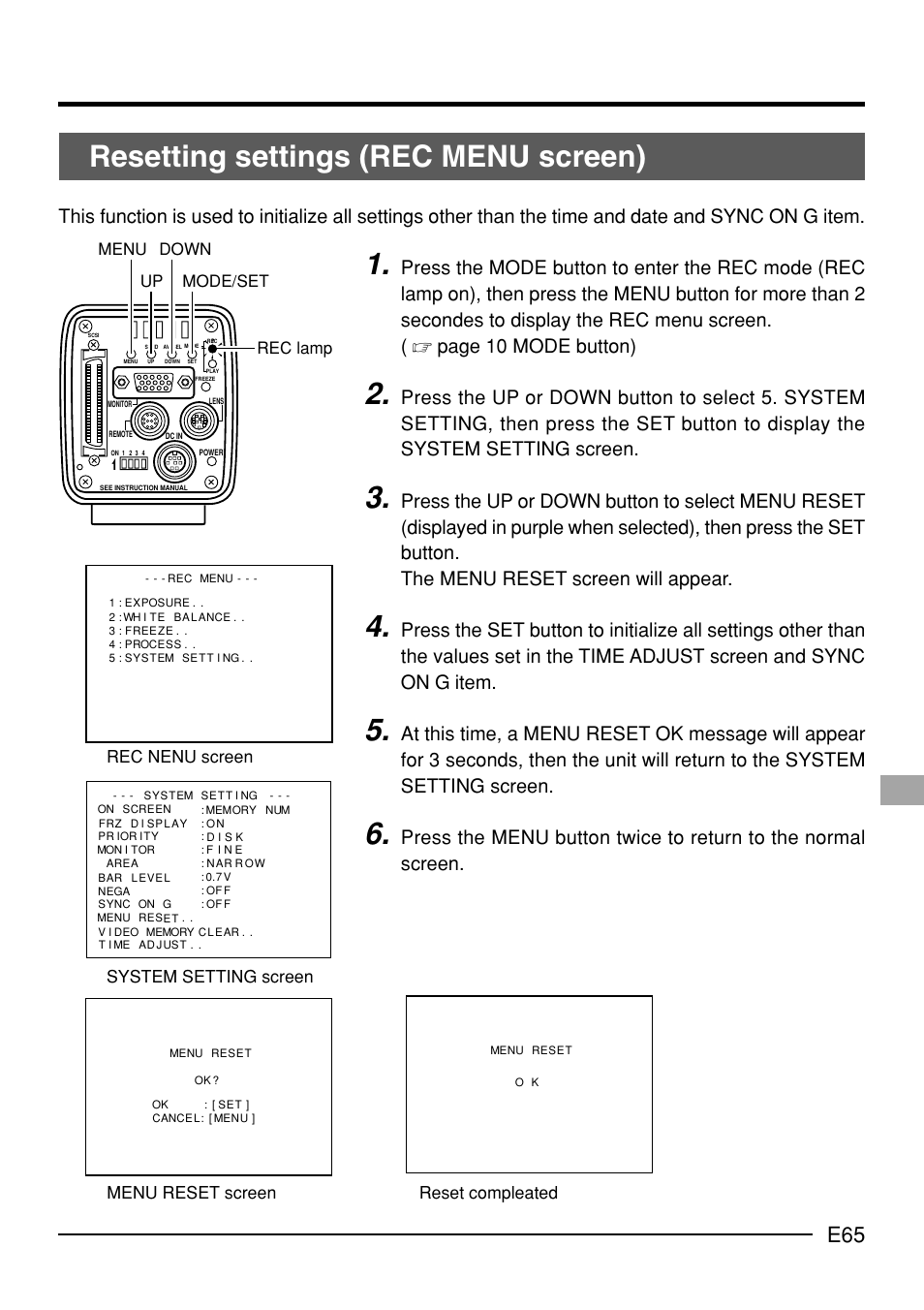 Resetting settings (rec menu screen) | JVC KY-F70B User Manual | Page 69 / 221