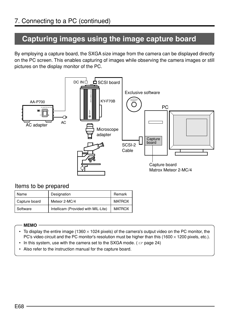 Capturing images using the image capture board, Connecting to a pc (continued), Items to be prepared | JVC KY-F70B User Manual | Page 72 / 221