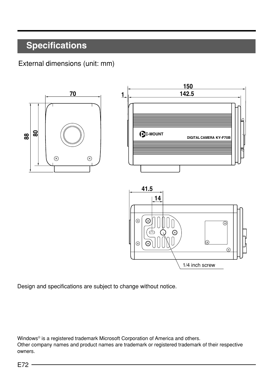 Specifications, External dimensions (unit: mm) | JVC KY-F70B User Manual | Page 76 / 221