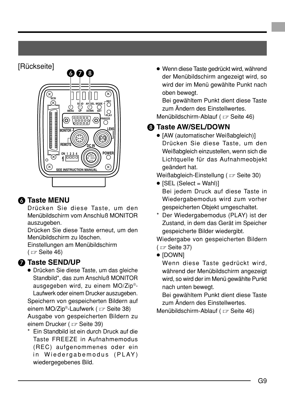 Rückseite, º taste aw/sel/down, Taste menu | Taste send/up | JVC KY-F70B User Manual | Page 85 / 221