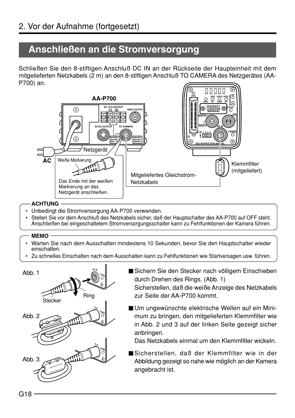 Anschließen an die stromversorgung, Vor der aufnahme (fortgesetzt), Abb. 1 abb. 2 abb. 3 | Aa-p700 ac | JVC KY-F70B User Manual | Page 94 / 221