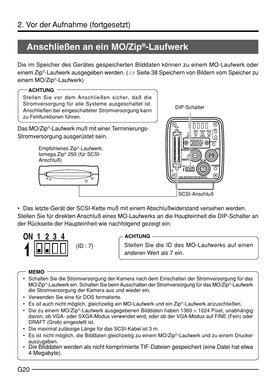 Anschließen an ein mo/zip, Laufwerk, On 1 2 3 4 | Vor der aufnahme (fortgesetzt), Laufwerk) das mo/zip | JVC KY-F70B User Manual | Page 96 / 221