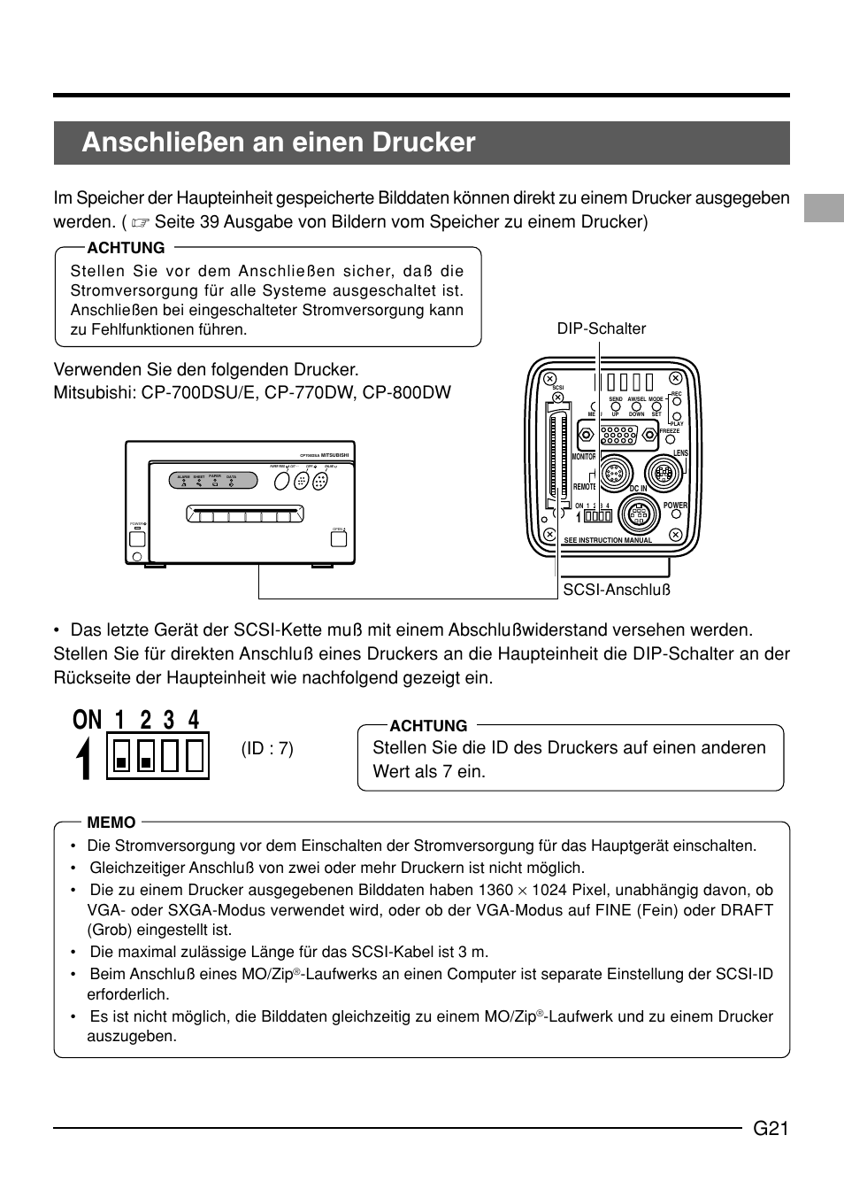 Anschließen an einen drucker, On 1 2 3 4, Id : 7) | Achtung, Laufwerk und zu einem drucker auszugeben | JVC KY-F70B User Manual | Page 97 / 221