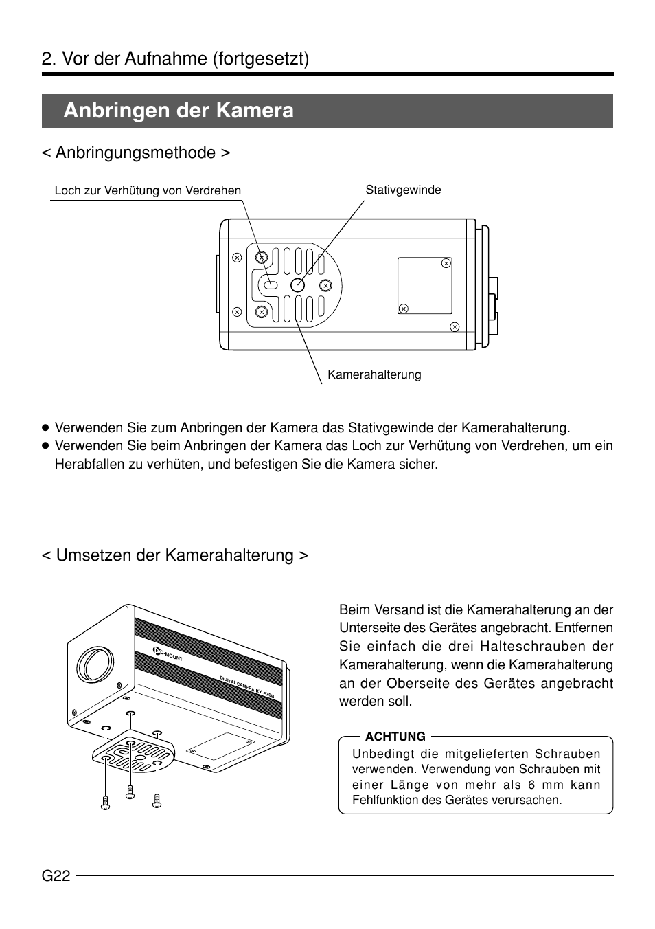 Anbringen der kamera, Vor der aufnahme (fortgesetzt) | JVC KY-F70B User Manual | Page 98 / 221