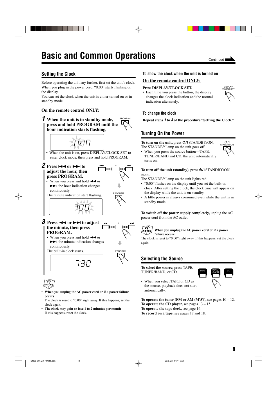 Basic and common operations, Setting the clock, Turning on the power | Selecting the source | JVC CA-UXH9 User Manual | Page 11 / 26