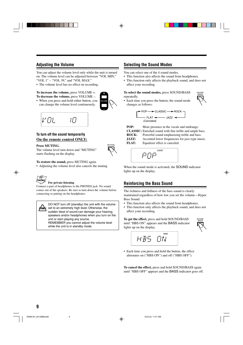 Selecting the sound modes, Reinforcing the bass sound, Adjusting the volume | JVC CA-UXH9 User Manual | Page 12 / 26