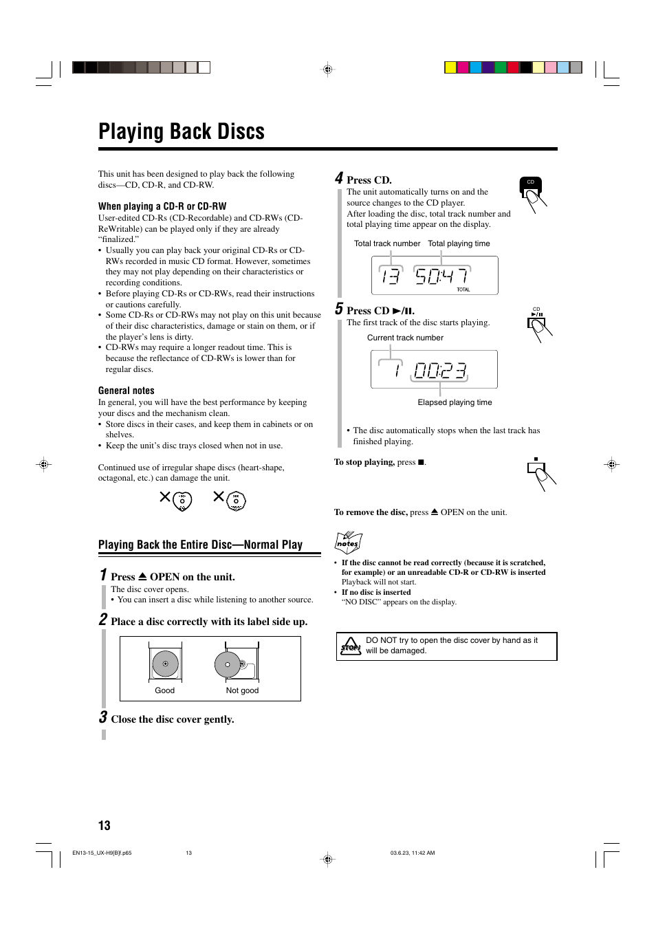 Playing back discs | JVC CA-UXH9 User Manual | Page 16 / 26